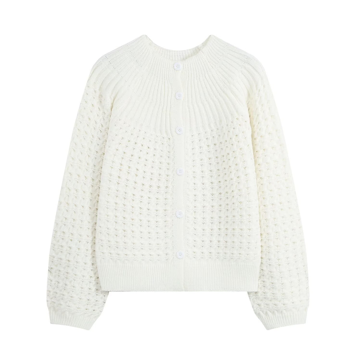 Round neck hollow design knitted sweater jacket for women