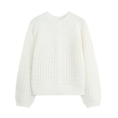 Round neck hollow design knitted sweater jacket for women