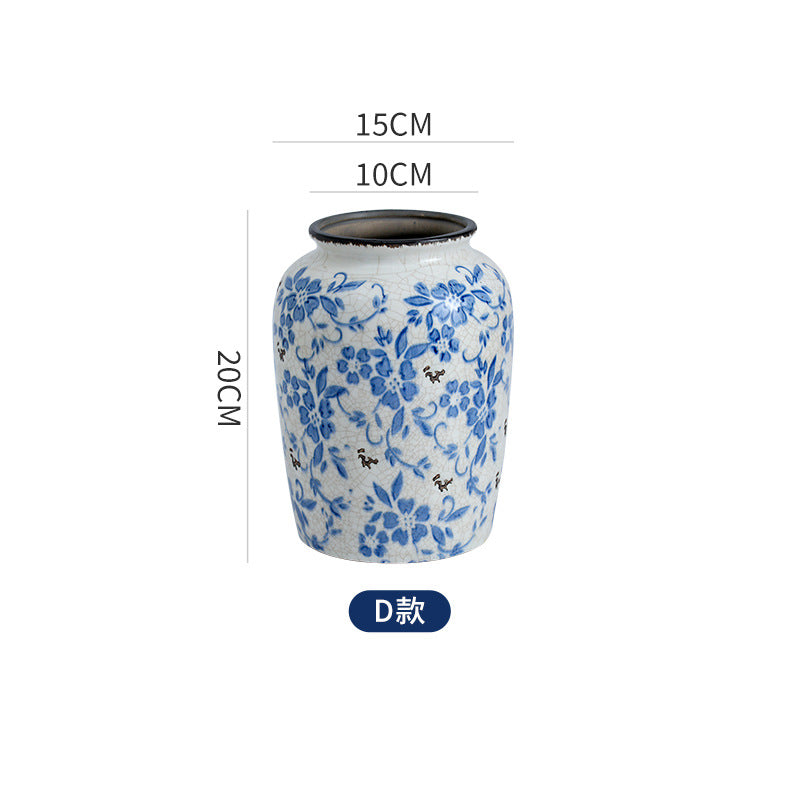 Nouveau vase en céramique de style chinois, bleu et blanc, ornement vintage craquelé pour salon