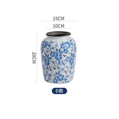 Nouveau vase en céramique de style chinois, bleu et blanc, ornement vintage craquelé pour salon