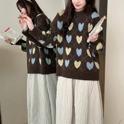 Love jacquard round neck sweater for women