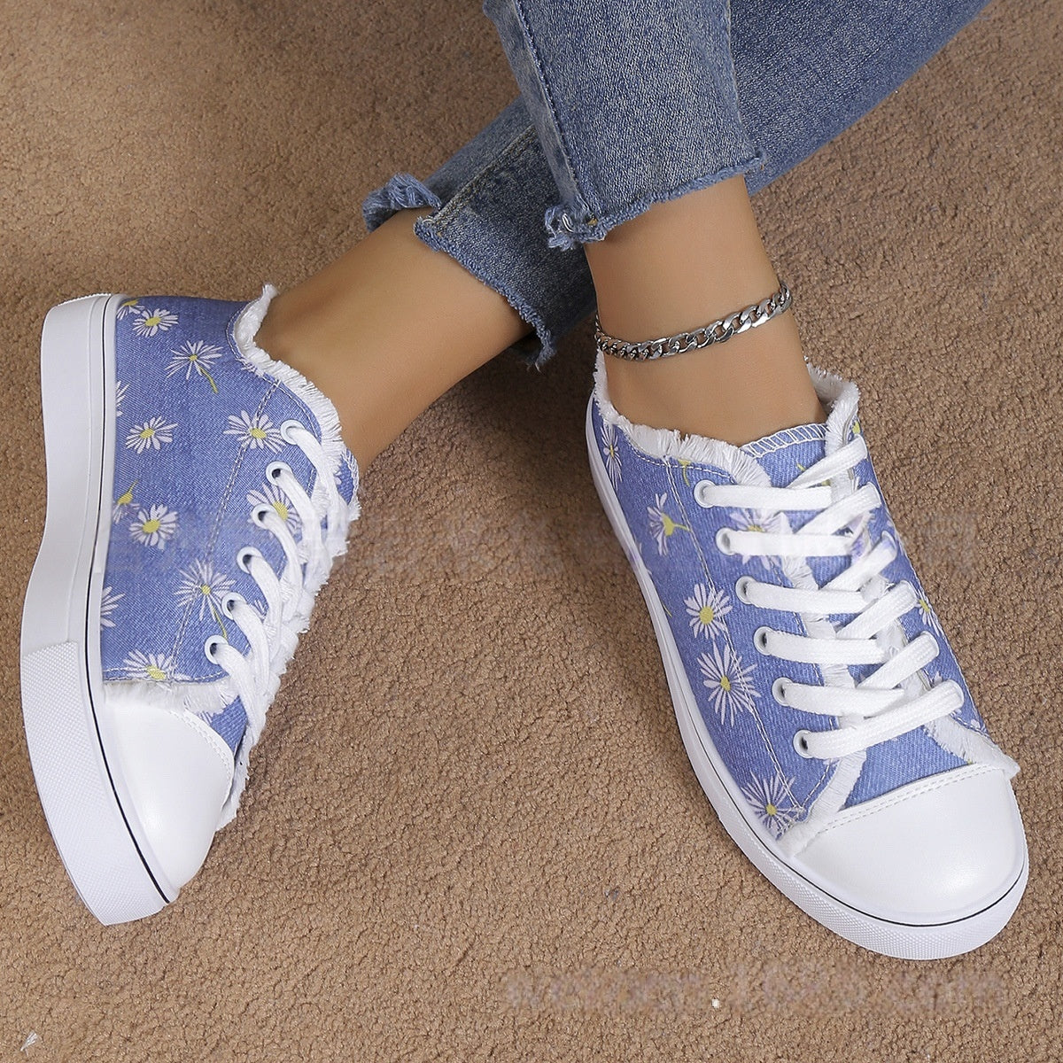Flower Fuzzy Lace-Up Sports-Style Flat Shoes