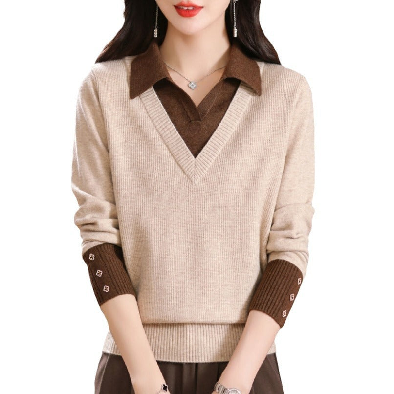 Fake two woolen sweaters women's color blocked base sweater