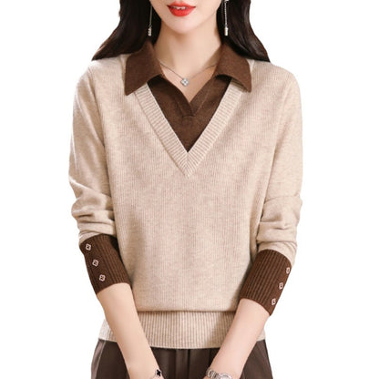 Fake two woolen sweaters women's color blocked base sweater