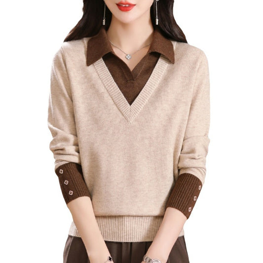 Fake two woolen sweaters women's color blocked base sweater