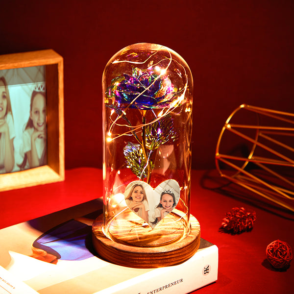 Lampe de nuit LED personnalisée en forme de cœur, fleur de rose éternelle colorée de simulation, roses éternelles sous cloche en verre