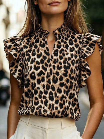 Women's Retro Ruffle-Trimmed Printed Sleeveless Shirt