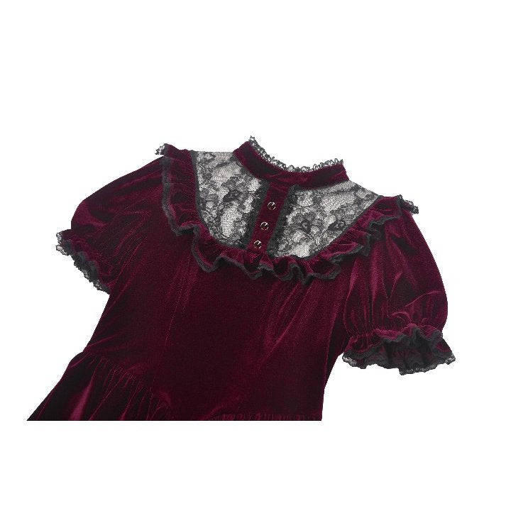 Robe Gothique en Velours Bordeaux à Col en Dentelle Ophelia Dark in Love