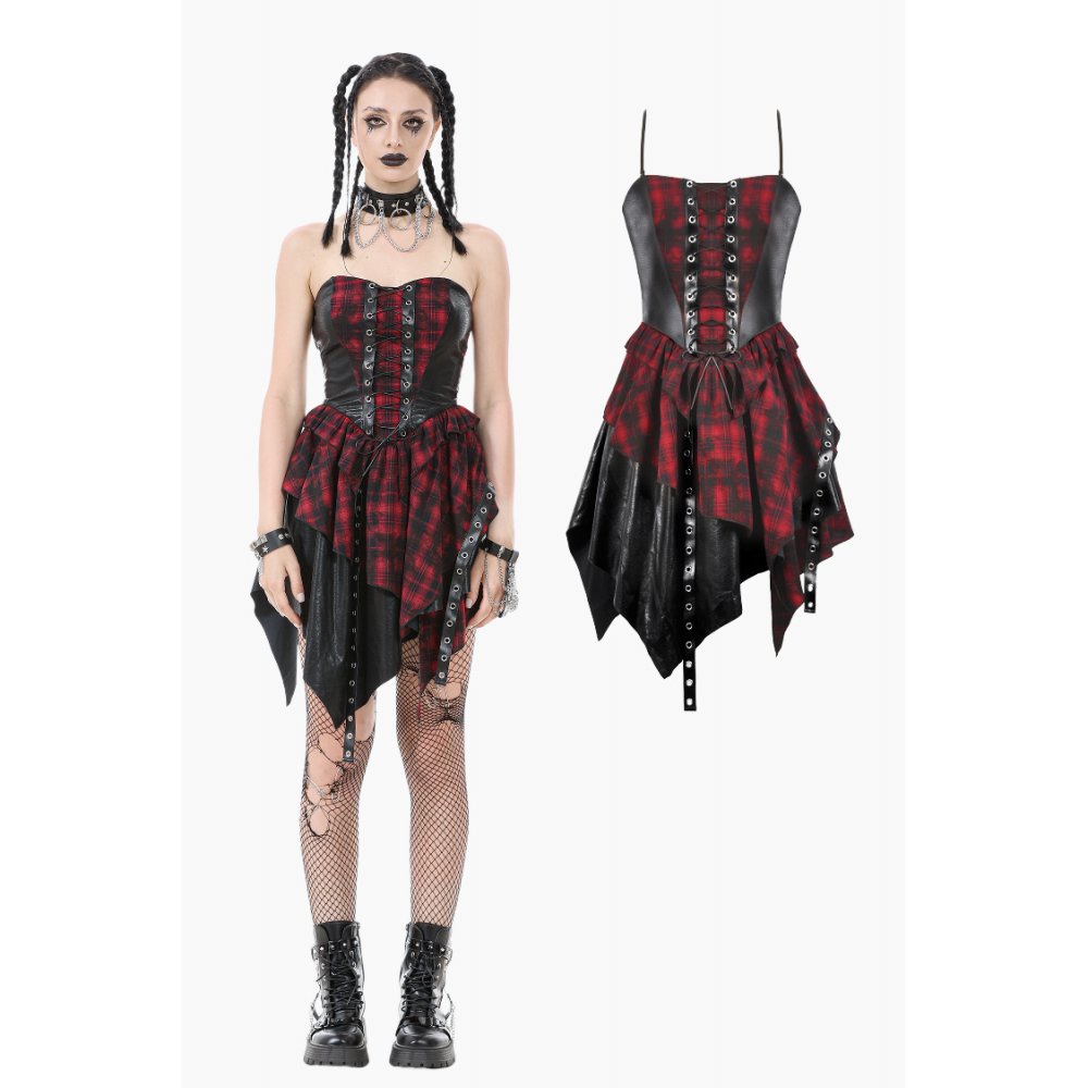 Robe Corset Punk en Tartan Rouge Dark in Love avec Jupe Asymétrique
