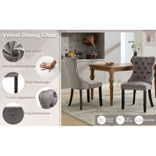 Modern Set Of 2 Upholstered Velvet Dining Chairs, Button Tufted Kitchen Lounge Chairs With Brushed Wood Legs, Riveted Trim And Knocker Ring, For Dining Room Living Room