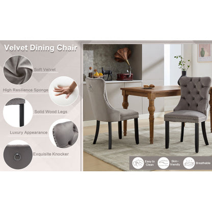 Modern Set Of 2 Upholstered Velvet Dining Chairs, Button Tufted Kitchen Lounge Chairs With Brushed Wood Legs, Riveted Trim And Knocker Ring, For Dining Room Living Room