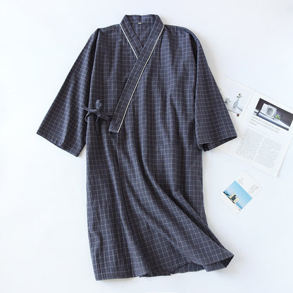 Spring And Summer Japanese Men's Kimono Nightgown Bathrobe Washed Cotton Gauze