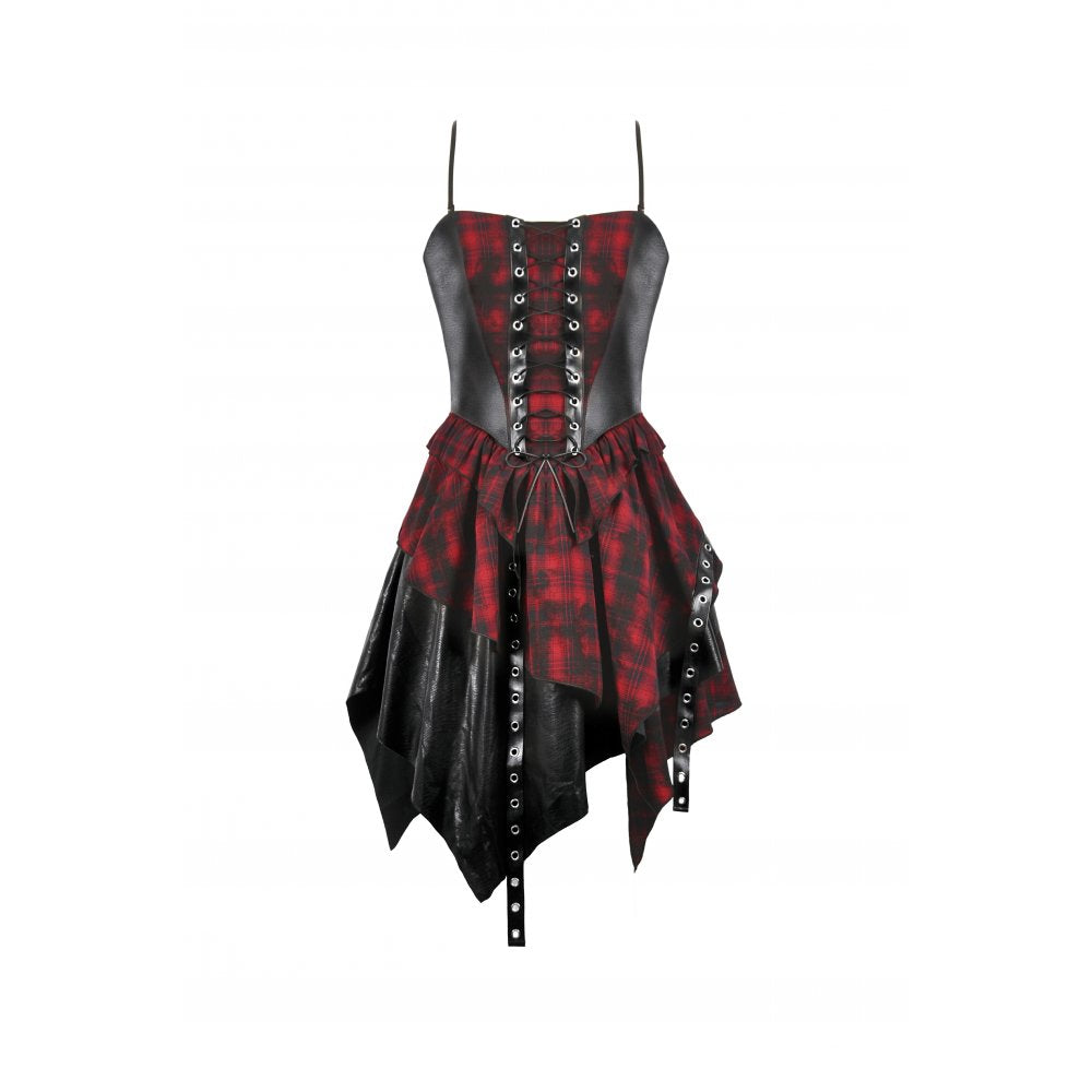 Robe Corset Punk en Tartan Rouge Dark in Love avec Jupe Asymétrique