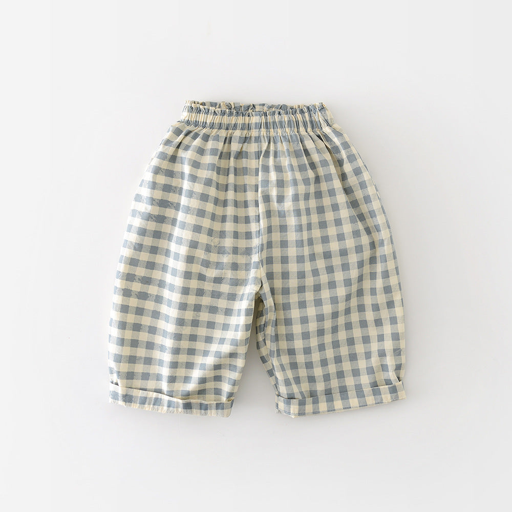 Boys Cotton Loose-fit Plaid Wide-leg Pants