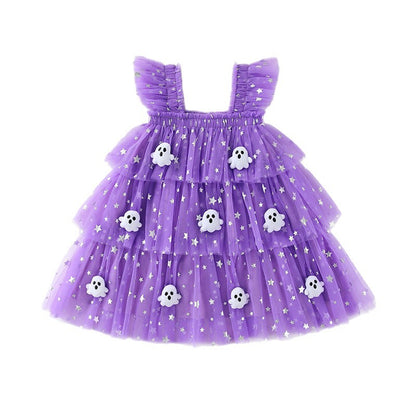 Girls' Halloween Flutter Sleeve Strapless Layered Dress, Ghost Pumpkin Style Holiday Formal Dress