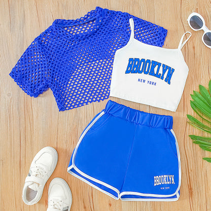 Summer New Mesh Shirt Short-Sleeve Top Pullover Three-Piece Set