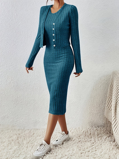Front Button Cropped Top And Slim Fit Dress