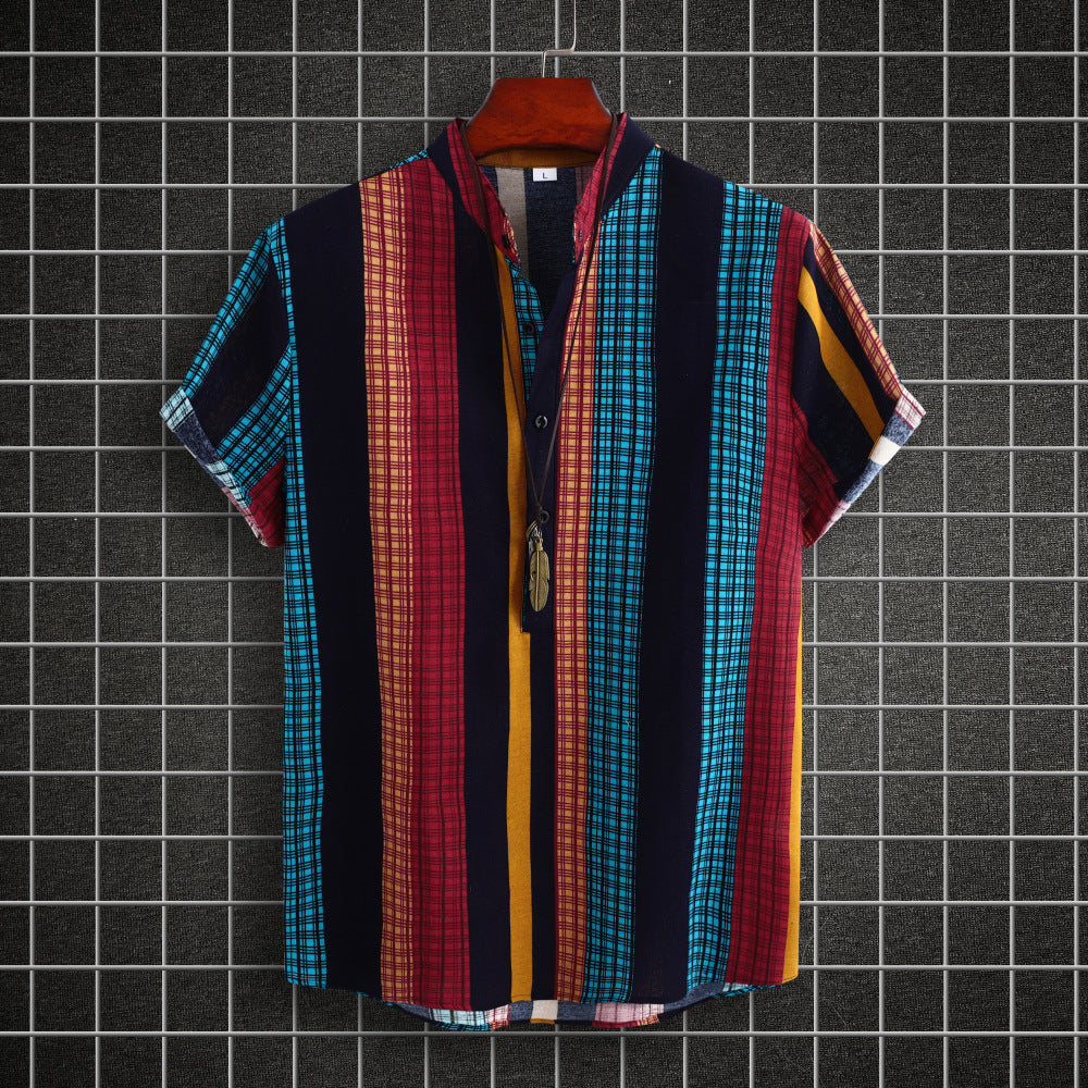 Men's Stand Collar Striped Cotton-linen Shirt