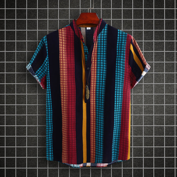 Chemise rayée en coton et lin à col montant pour homme