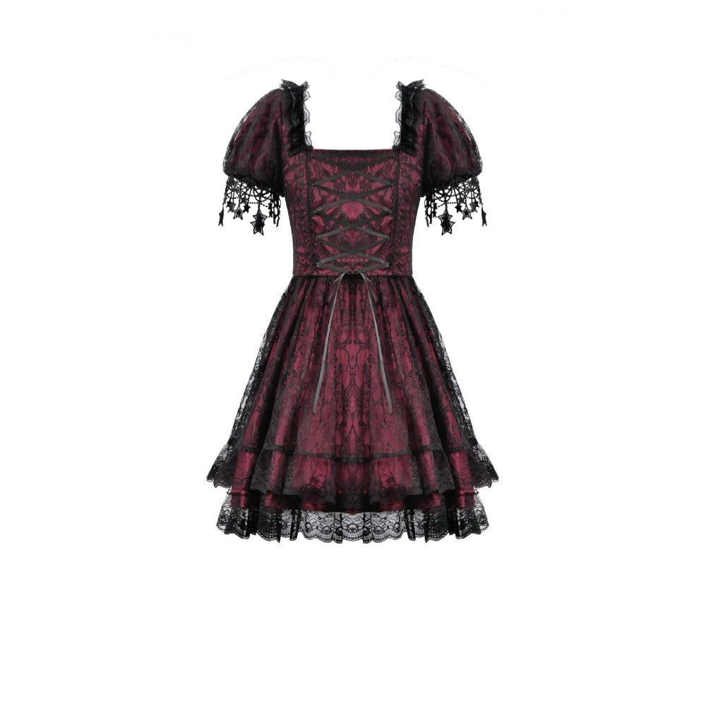 Dark in Love Red Black Lace Princess Dress with Stars Lace
