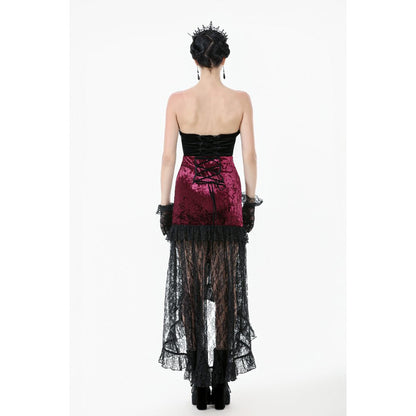 Dark in Love Crimson Queen Lace High-Low Goth Skirt in Burgundy & Black