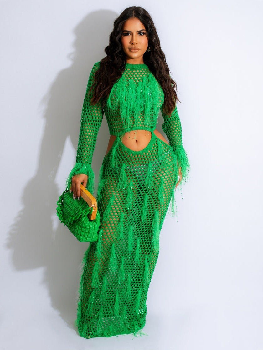 Women's Hollow Knit Beach Cover-Up | Faux Mink Fringe Long Skirt | High Waist | Acrylic | Boho Beachwear