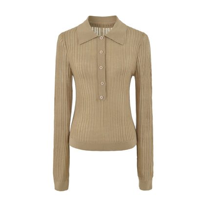 Women's Ribbed Polo-Collar Knit Top