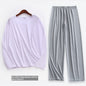 Spring Summer Ultra-thin Men's Long-sleeved Cropped Trousers Pajamas Suit