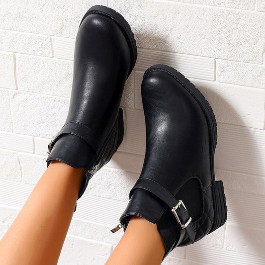 Low Heel Buckle Checkered Leather Boots