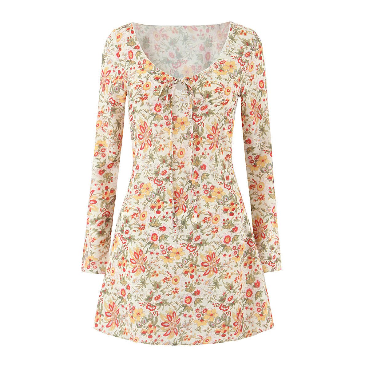 V-Neck Short A-Line Long Sleeve Dress