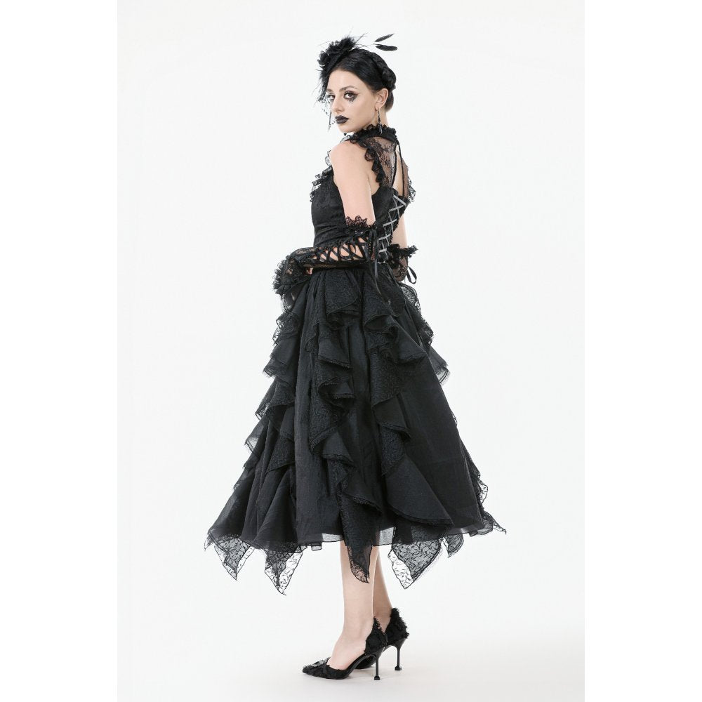 Dark in Love Morrigan Ruffled Goth Midi Skirt in Black