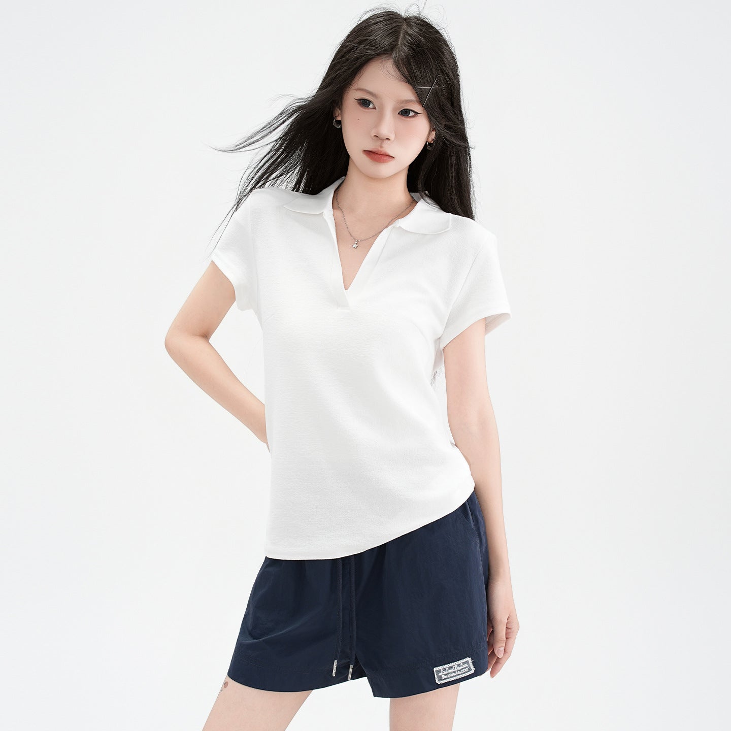 Polo Collar Straight Shoulder Short Sleeve T-Shirt for Women
