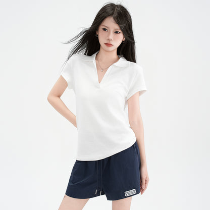 Polo Collar Straight Shoulder Short Sleeve T-Shirt for Women