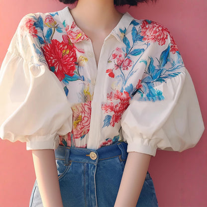 Women's Elegant French Style Puff Sleeve Floral Shirt