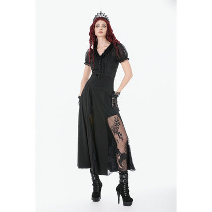 Dark In Love Dalaria High Waist Gothic Long Skirt - Lace Inset Panel