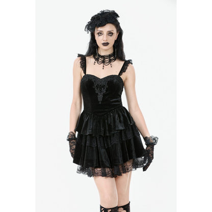 Dark in Love Nocturne Ruffled Velvet Lace Goth Dress in Black
