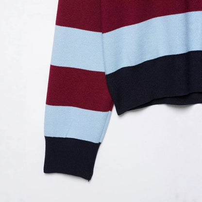 Versatile casual minimalist polo collar long sleeved striped knit sweater for women
