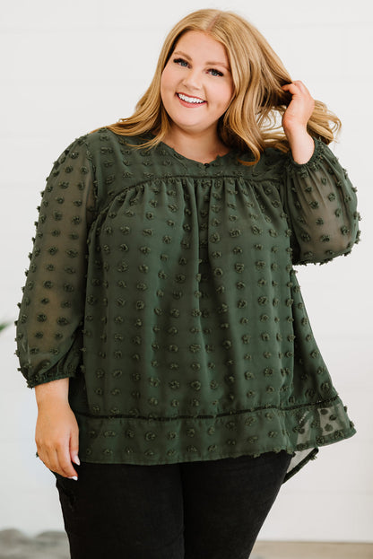Green Boho V Neck Swiss Dot Bishop Sleeve Plus Size Blouse