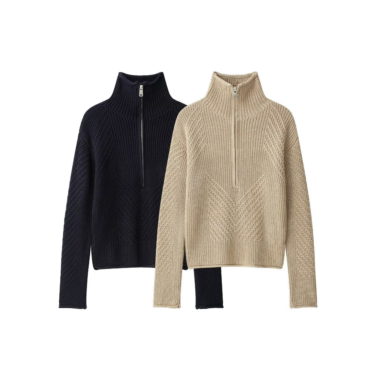 Half zip textured knitted sweater for women