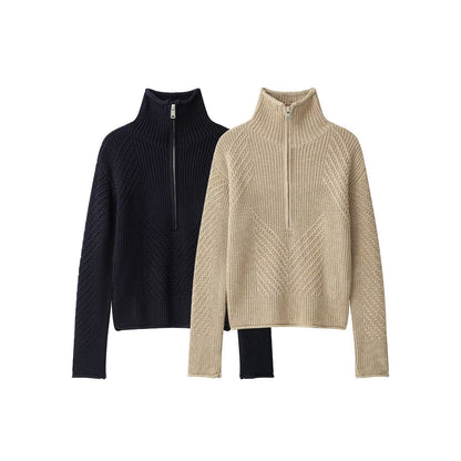 Half zip textured knitted sweater for women