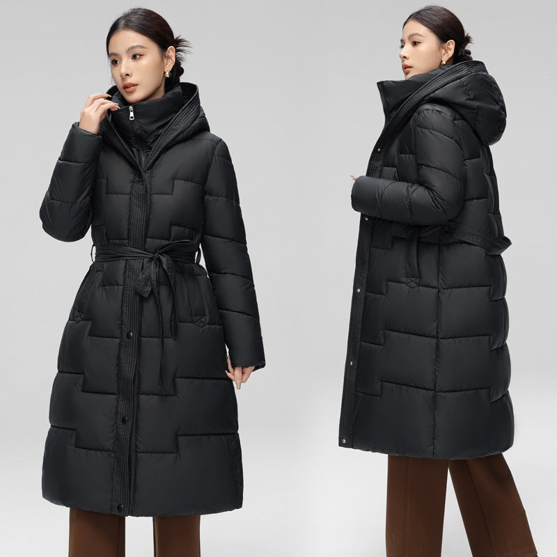 Women's  Wave Stitching Padded Jacket Hooded Mid-length Over-knee Coat