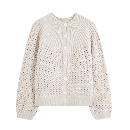 Round neck hollow design knitted sweater jacket for women