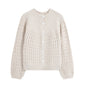Round neck hollow design knitted sweater jacket for women