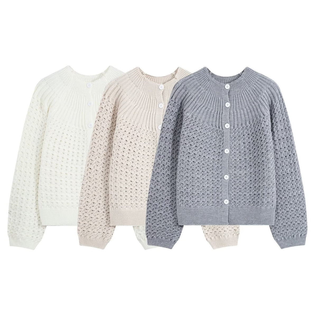 Round neck hollow design knitted sweater jacket for women