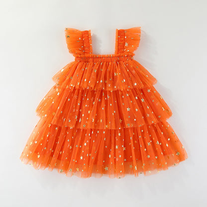 Girls' Halloween Flutter Sleeve Strapless Layered Dress, Ghost Pumpkin Style Holiday Formal Dress