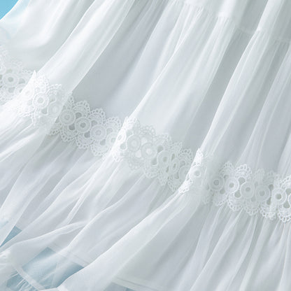 Elegant White Silk and Lace Patchwork Embroidered Solid Color Elastic Waist Flared Skirt