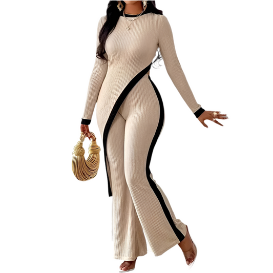 Ensemble de salon deux pièces top et pantalon fendus à manches longues pour femme