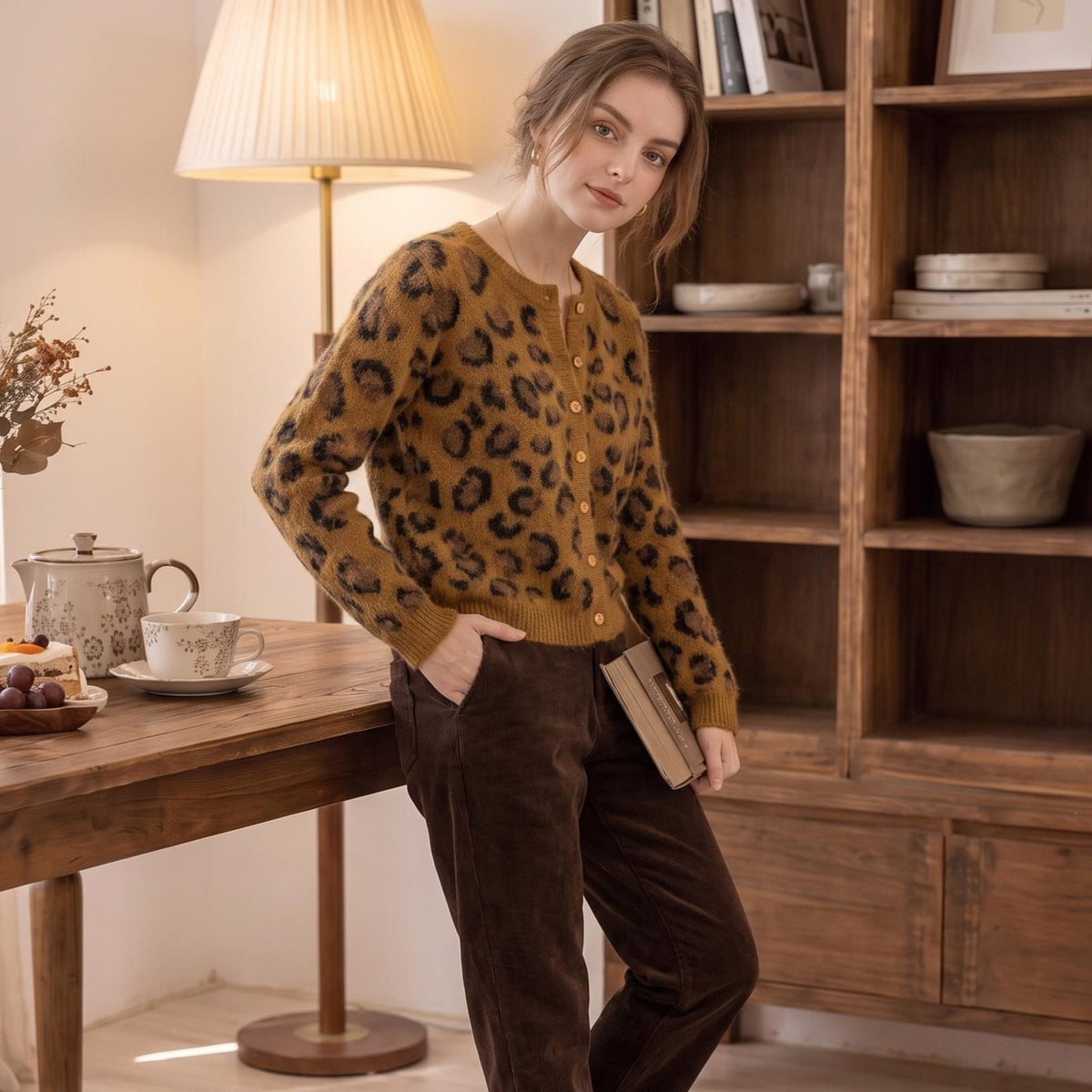 Leopard print V-neck sweater