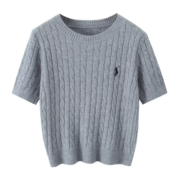College-Style Embroidered Short-Sleeve Knit Sweater