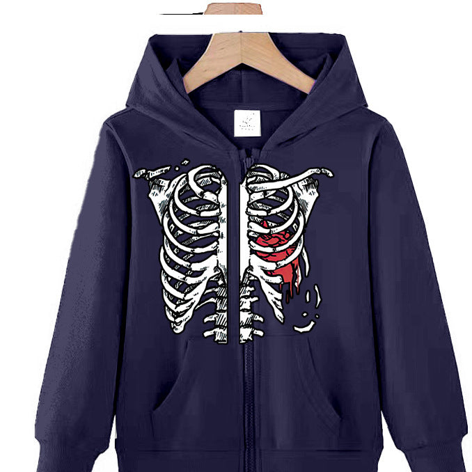 Ribbed Heart Print Zip-Up Casual Loose hoodies